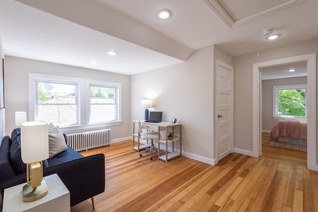 1690 Centre St Unit 2, Boston, MA 02132 - office area featuring radiator heating unit, attic access, light wood-style floors, baseboards, and recessed lighting