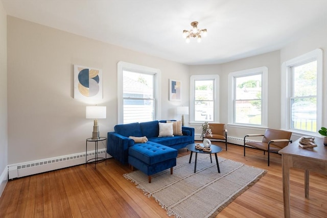 1690 Centre St Unit 2, Boston, MA 02132 - living area with a baseboard radiator, light wood finished floors, a chandelier, and baseboards