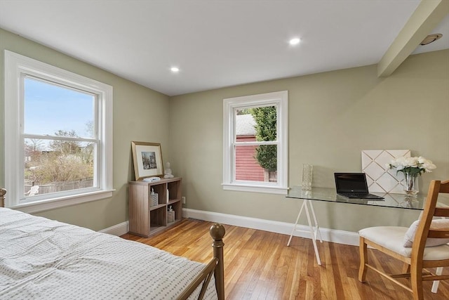 bedroom with recessed lighting, baseboards, and light wood-style flooring