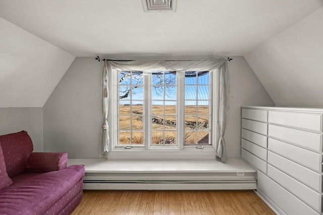 additional living space featuring a baseboard radiator, vaulted ceiling, a healthy amount of sunlight, and light hardwood / wood-style flooring