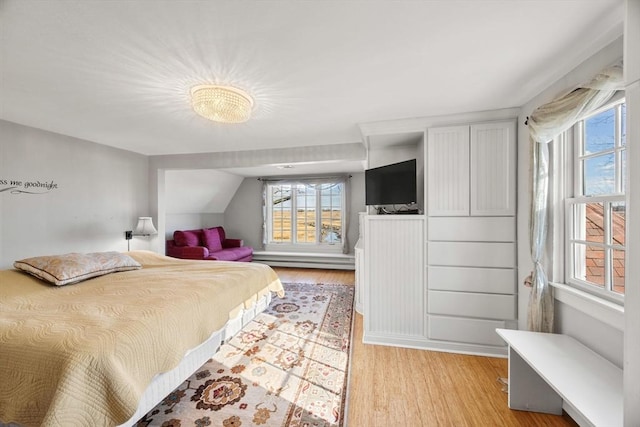 bedroom with light hardwood / wood-style floors