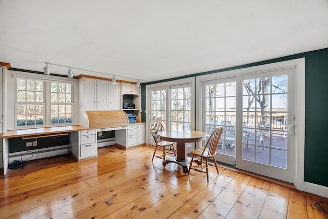 dining space with a wealth of natural light, light wood-type flooring, and baseboard heating