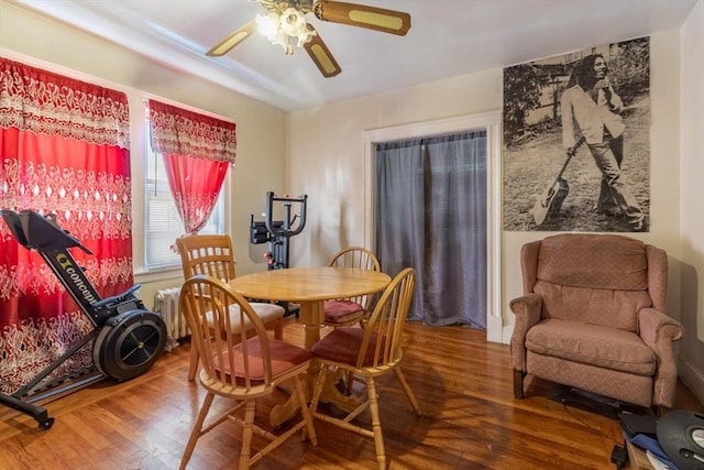 dining area featuring wood finished floors and a ceiling fan