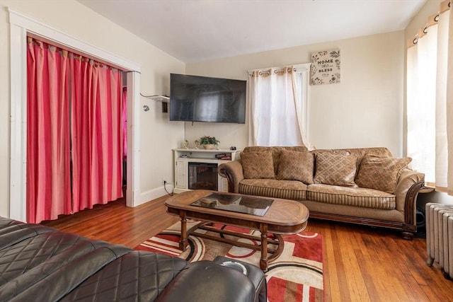 living room with a healthy amount of sunlight, radiator heating unit, baseboards, and wood finished floors