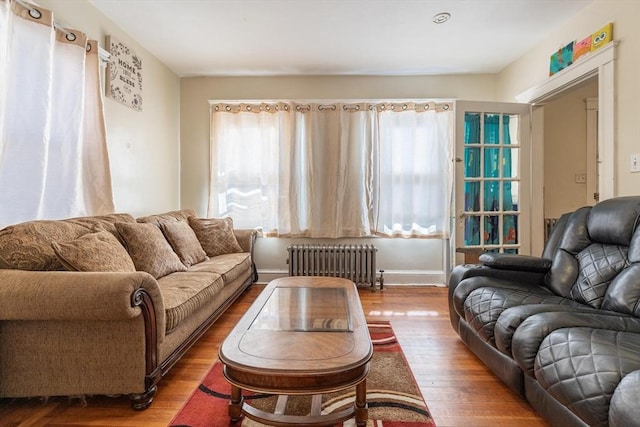 living area with radiator heating unit and wood finished floors