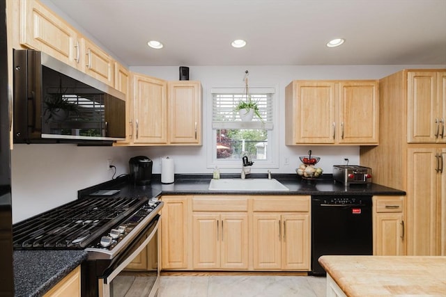 85 Evelyns Way, Fall River, MA 02724 - kitchen with light brown cabinets, gas range oven, dishwasher, stainless steel microwave, and recessed lighting