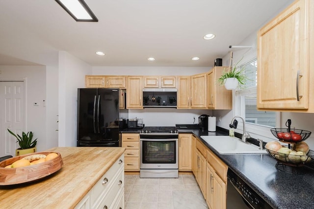 85 Evelyns Way, Fall River, MA 02724 - kitchen featuring black appliances, light brown cabinets, recessed lighting, and butcher block countertops