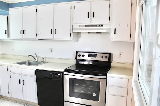 kitchen featuring electric range, dishwasher, light countertops, under cabinet range hood, and a sink