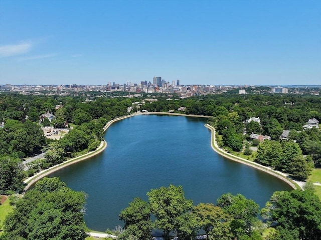 birds eye view of property with a city view and a water view