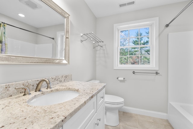 full bathroom with tile patterned flooring, shower / bathing tub combination, vanity, and toilet