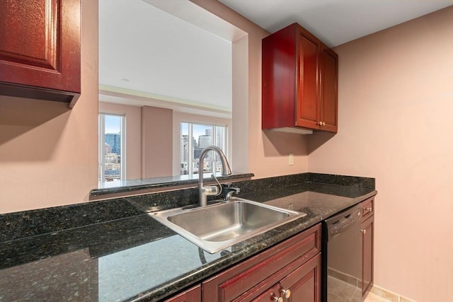 1 Nassau St Unit 2105, Boston, MA 02111 - kitchen with dishwashing machine, a city view, a sink, and dark stone counters