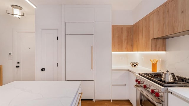 kitchen featuring white cabinets, premium appliances, modern cabinets, light stone counters, and backsplash