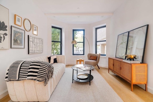 living room featuring light wood-style flooring and baseboards