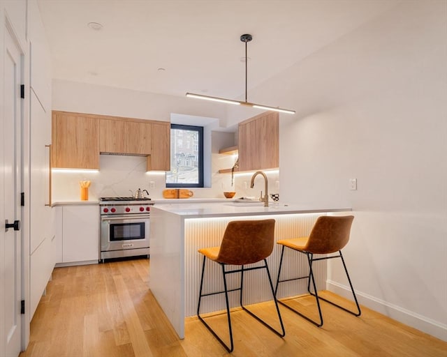 kitchen featuring light wood-style flooring, modern cabinets, light brown cabinets, and designer range