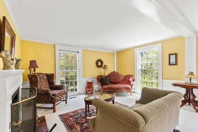 living room featuring ornamental molding and a fireplace