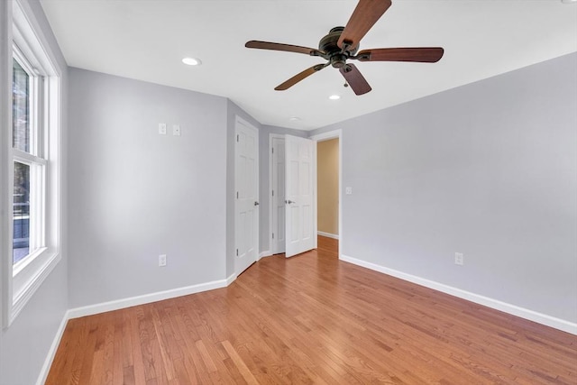 531 Old N Rd, Worthington, MA 01098 - unfurnished bedroom featuring light wood-style floors, baseboards, recessed lighting, and a ceiling fan