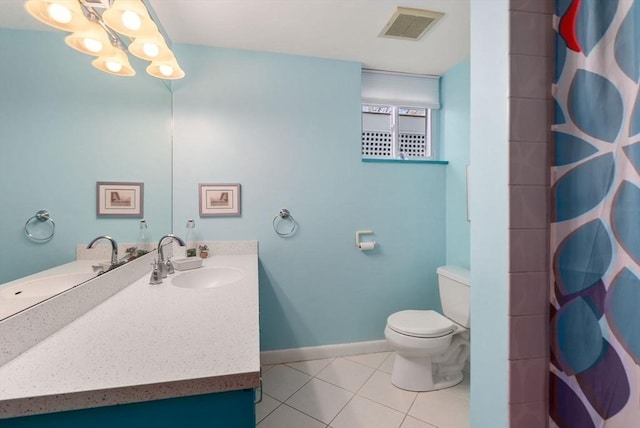 full bath featuring tile patterned flooring, visible vents, baseboards, toilet, and vanity