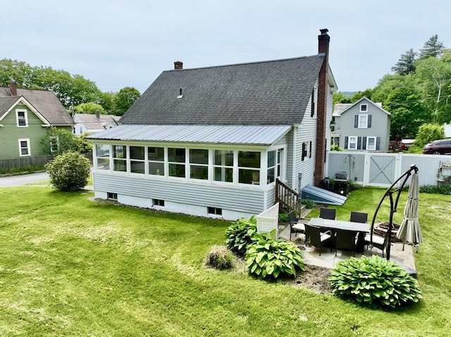 12 Wellington St, Buckland, MA 01370 - back of house with a patio, roof with shingles, a chimney, and a gate