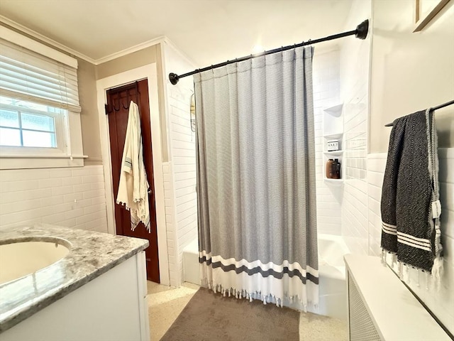 12 Wellington St, Buckland, MA 01370 - full bathroom featuring tile walls, shower / bathtub combination with curtain, wainscoting, vanity, and ornamental molding