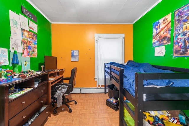 bedroom with crown molding and baseboard heating