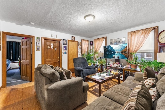 living area with a textured ceiling