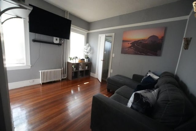 living room featuring radiator heating unit, wood finished floors, and baseboards