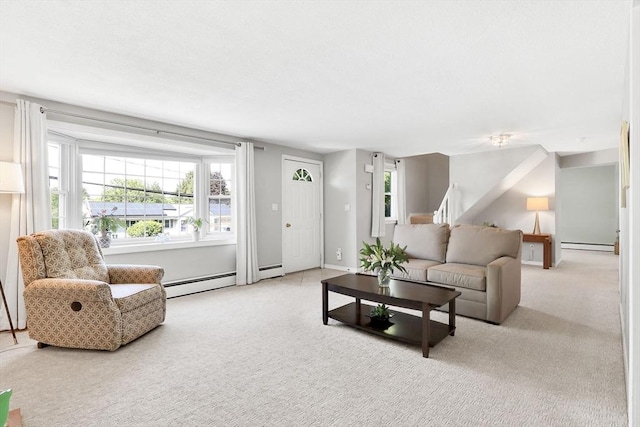 living room featuring a baseboard radiator, carpet floors, a baseboard heating unit, and stairs