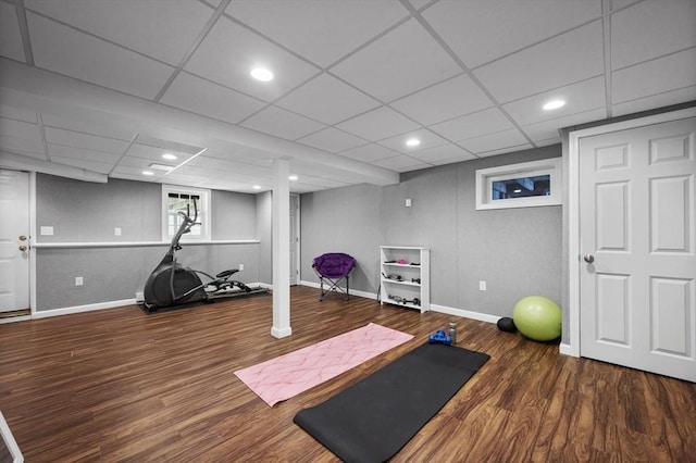 workout room featuring hardwood / wood-style flooring and a paneled ceiling