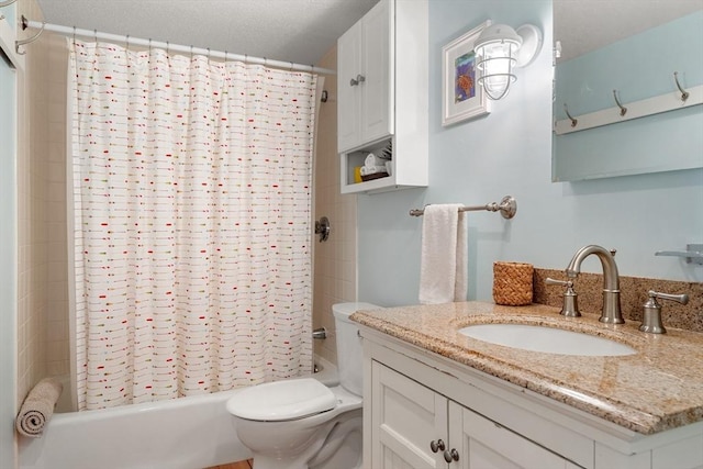 bathroom with shower / bathtub combination with curtain, toilet, and vanity