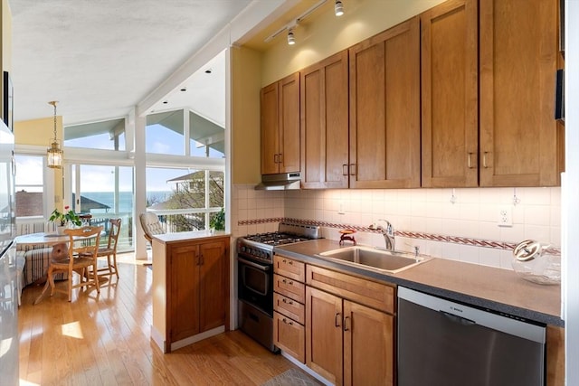kitchen with appliances with stainless steel finishes, a sink, under cabinet range hood, and decorative backsplash