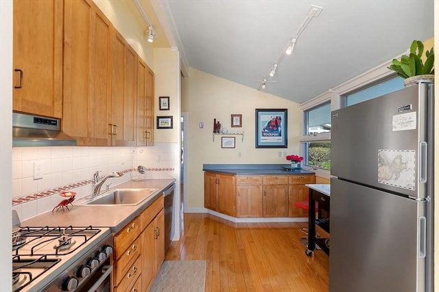 kitchen with stainless steel appliances, under cabinet range hood, light wood-style flooring, a sink, and lofted ceiling