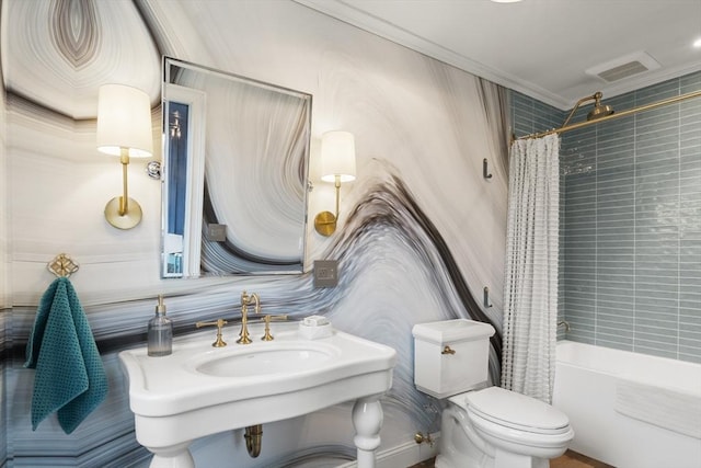 13 Parson Ln, Nantucket, MA 02554 - full bath with crown molding, shower / tub combo with curtain, toilet, and visible vents