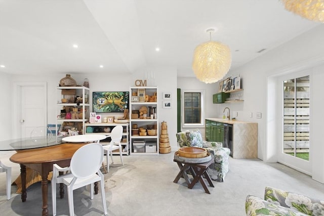 13 Parson Ln, Nantucket, MA 02554 - dining area featuring vaulted ceiling, recessed lighting, wet bar, and light colored carpet
