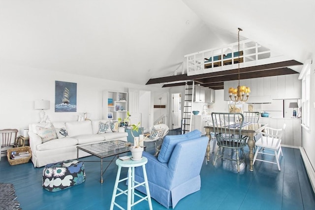 13 Parson Ln, Nantucket, MA 02554 - living area featuring high vaulted ceiling, a chandelier, and wood finished floors