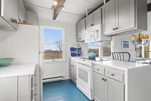 13 Parson Ln, Nantucket, MA 02554 - kitchen featuring beam ceiling, wood finished floors, white appliances, light countertops, and a baseboard radiator