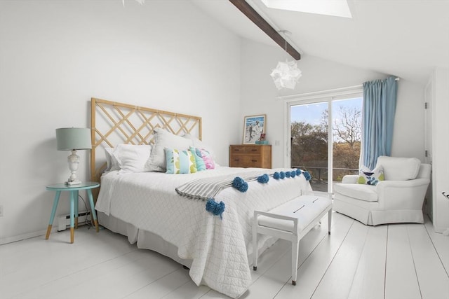 13 Parson Ln, Nantucket, MA 02554 - bedroom with access to outside, baseboards, an inviting chandelier, and lofted ceiling with skylight