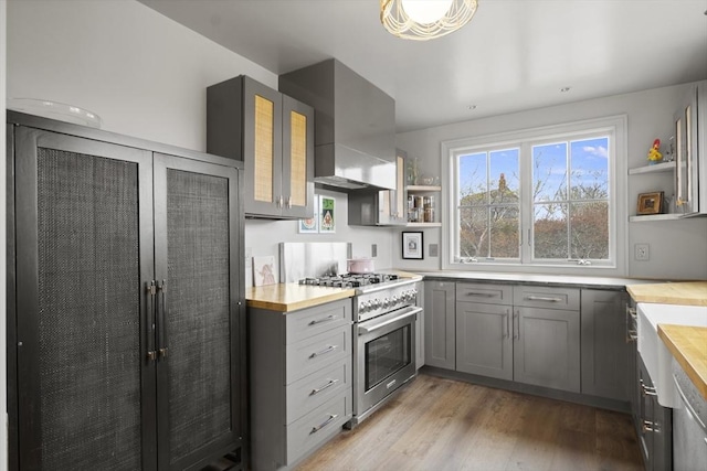 13 Parson Ln, Nantucket, MA 02554 - kitchen with open shelves, wooden counters, light wood-type flooring, gray cabinetry, and high end stainless steel range oven