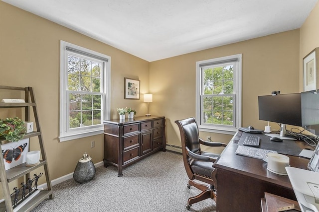 31 Wight St, Waltham, MA 02452 - office featuring a baseboard radiator, baseboards, plenty of natural light, and light colored carpet