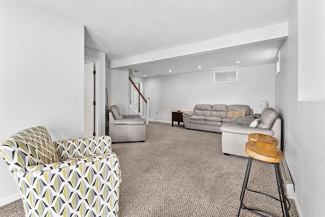 31 Wight St, Waltham, MA 02452 - carpeted living room featuring stairway, baseboards, and recessed lighting