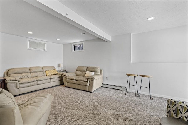 31 Wight St, Waltham, MA 02452 - living area with recessed lighting, baseboards, carpet, and a baseboard radiator