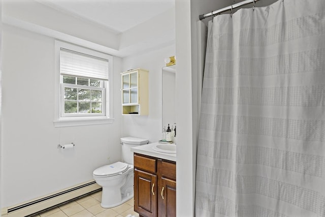 31 Wight St, Waltham, MA 02452 - full bathroom featuring tile patterned flooring, baseboard heating, vanity, toilet, and a shower with shower curtain