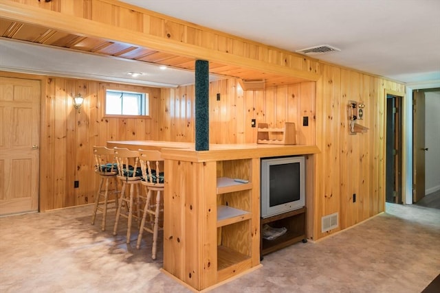 221 Andrew Ln, Hanson, MA 02341 - indoor dry bar featuring wood walls and carpet flooring