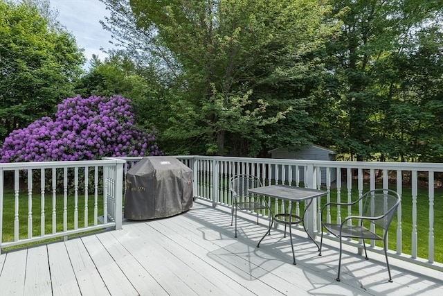 221 Andrew Ln, Hanson, MA 02341 - deck with a shed, a lawn, and grilling area