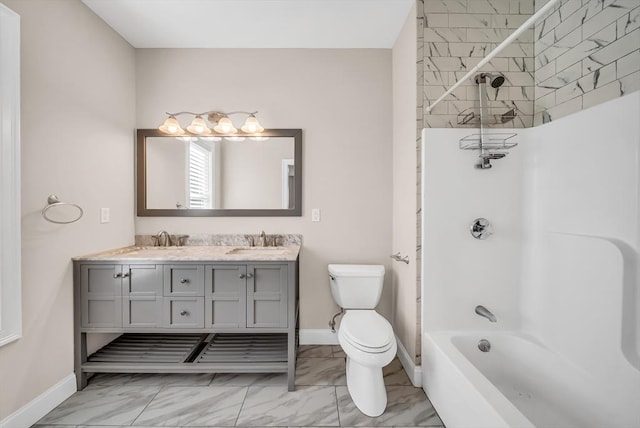 966 Hyde Park Ave Unit 301, Boston, MA 02136 - full bathroom featuring marble look tile flooring, double vanity, baseboards, and toilet