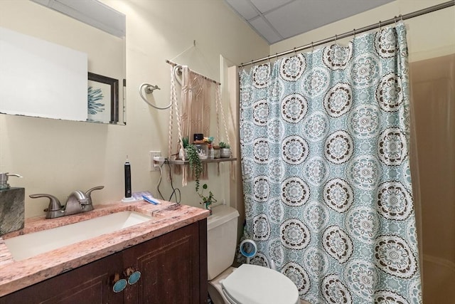 bathroom featuring toilet, vanity, and a shower with curtain