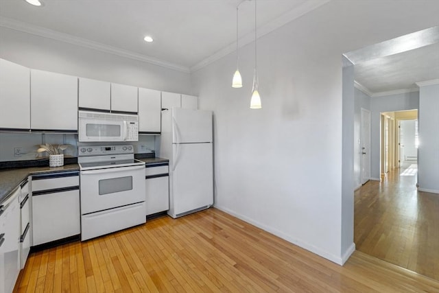 kitchen featuring white cabinets, light wood-type flooring, white appliances, and crown molding