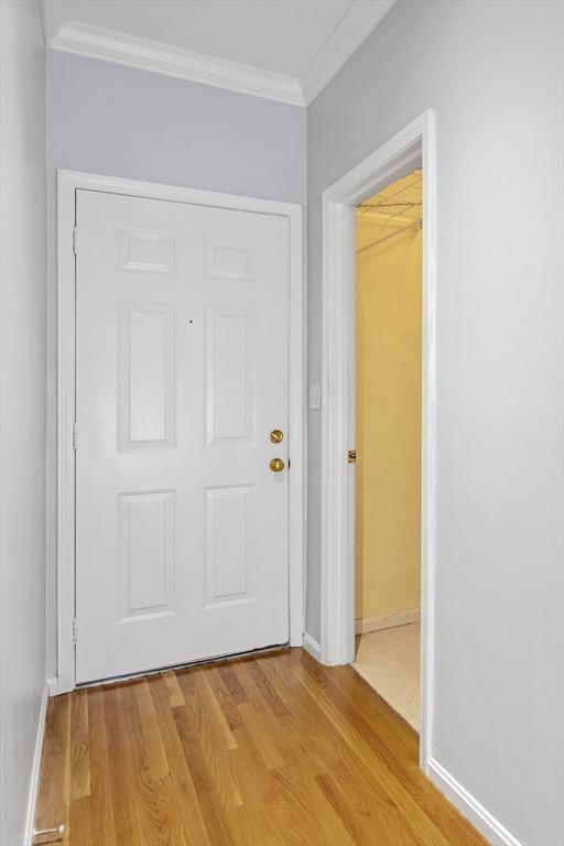 entryway featuring crown molding and light hardwood / wood-style floors