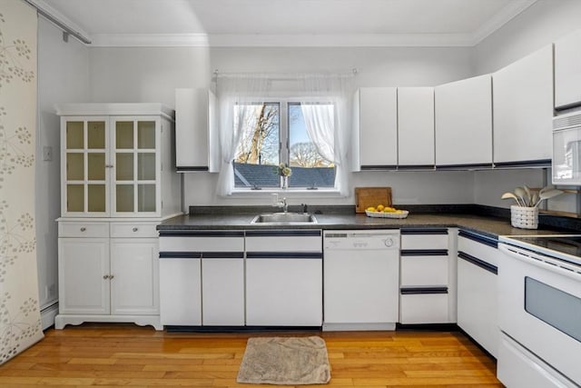 kitchen featuring white appliances, crown molding, sink, light hardwood / wood-style flooring, and white cabinetry