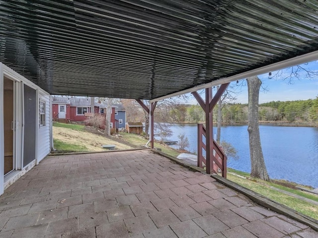view of patio featuring a water view