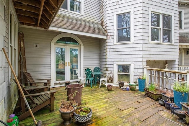 wooden terrace featuring french doors